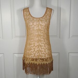 A'reve Gold Bronze Floral Sheer Mesh Lace Tank Top Fringe w/ Crochet Detailing
